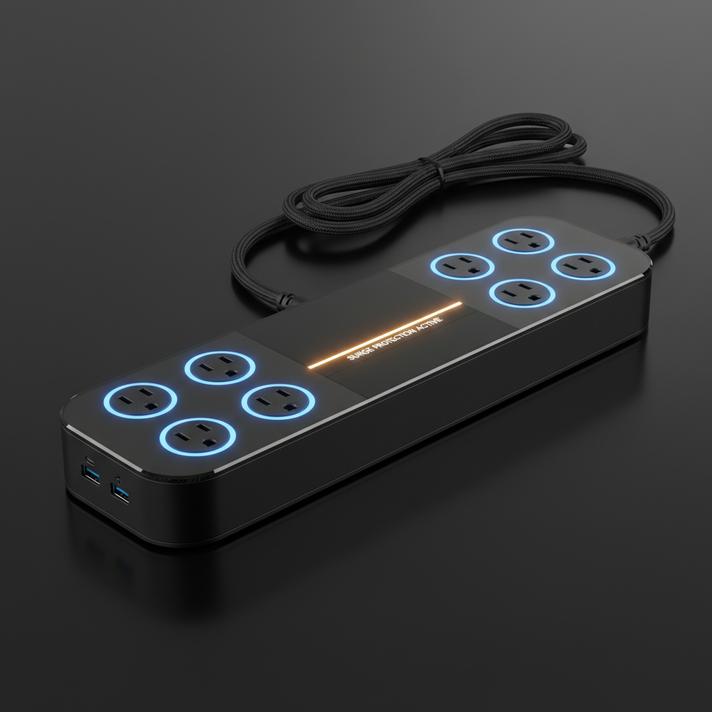 Voltify Power Surge Protector on dark background, premium electronics